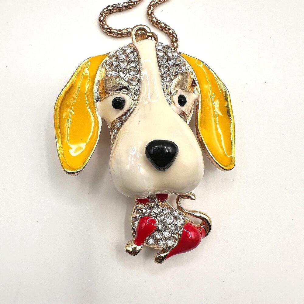 Vintage 90s Betsey Johnson Dog Puppy Pendant Necklace Gold Tone Chain Jewelry